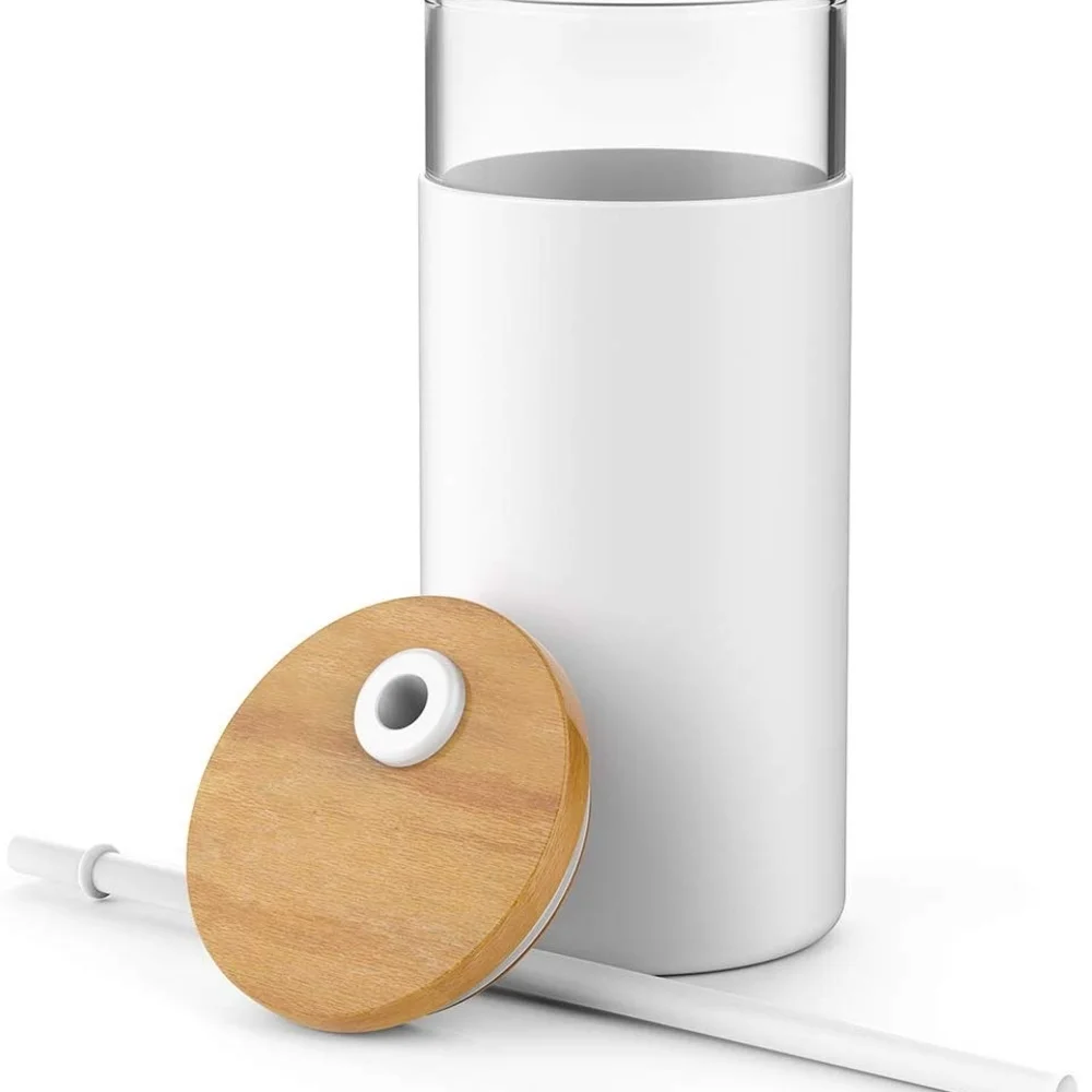White Glass Tumbler with Bamboo Lid